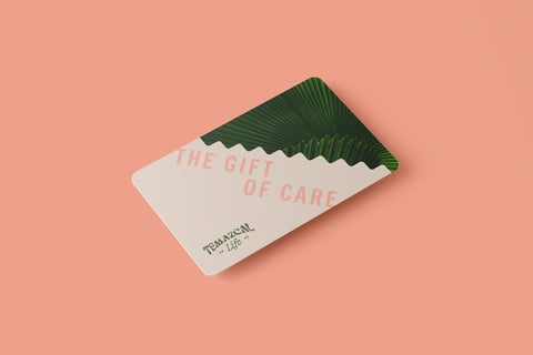 Temazcal Life gift of care, gift card floating on neon yellow backround.
