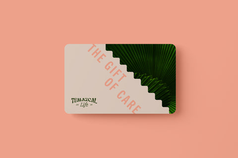 Temazcal Life gift of care, gift card floating on neon yellow backround facing forward.