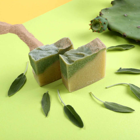 Temazcal Life bar soap Dunes without label and ingredients sand, sage, and cactus on green background.