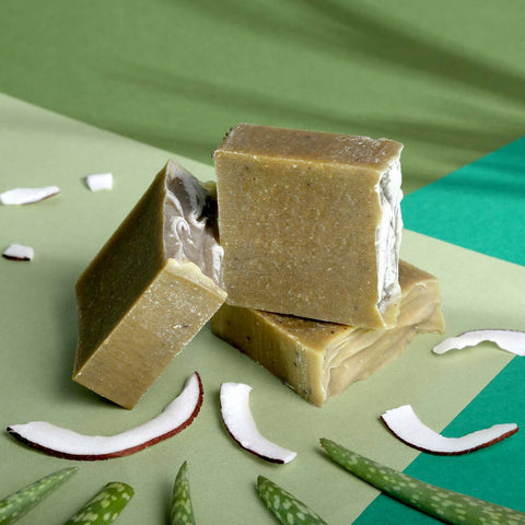 Temazcal Life bar soap Manjar without label and ingredients aloe vera leaves and coconut on green background.