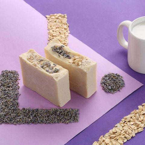 Temazcal Life bar soap Xoco without label and ingredients lavender and oatmeal on lilac background.