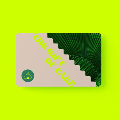 Temazcal Life gift of care, gift card floating on neon yellow backround facing forward.